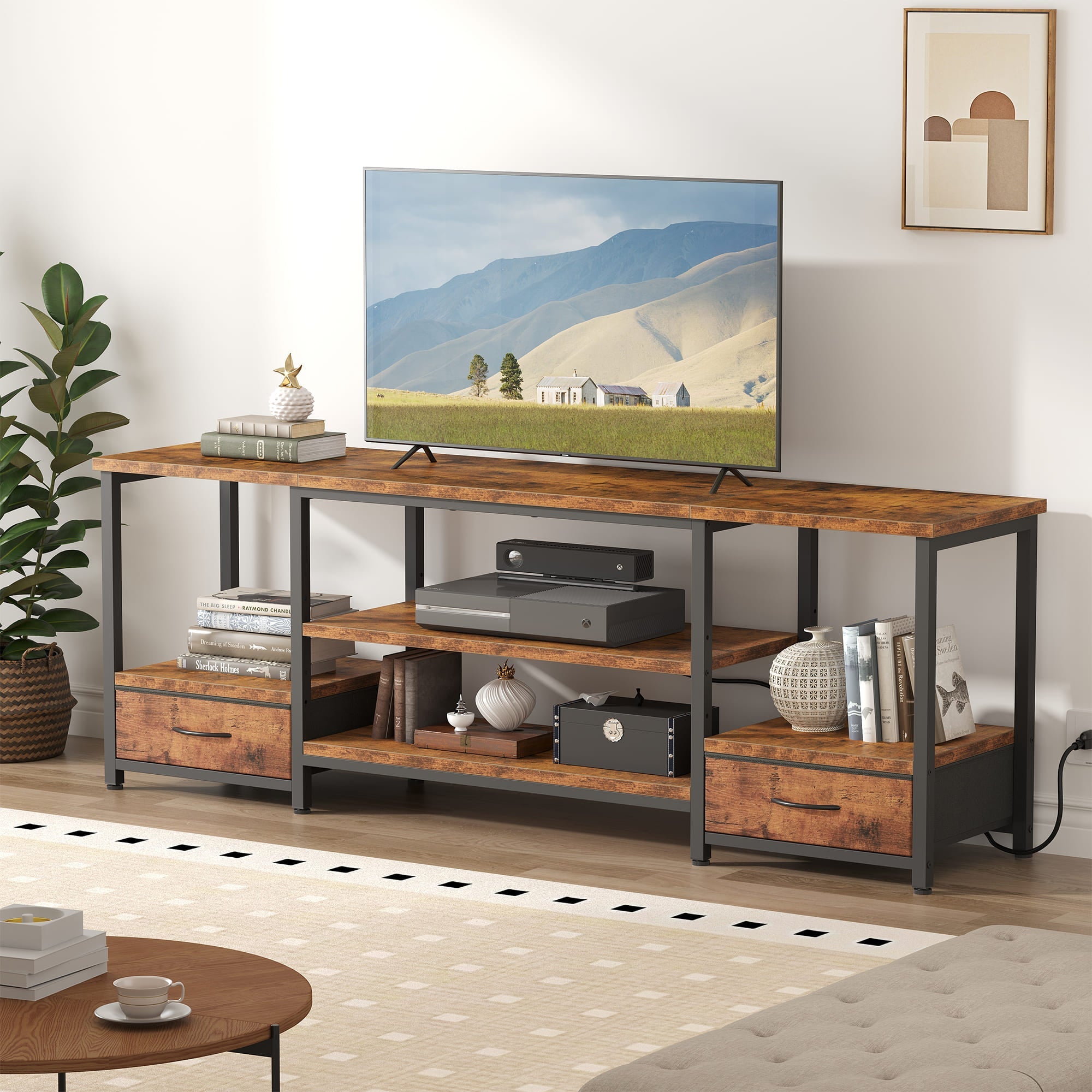 Brown Wood TV Stand with Fabric Drawers