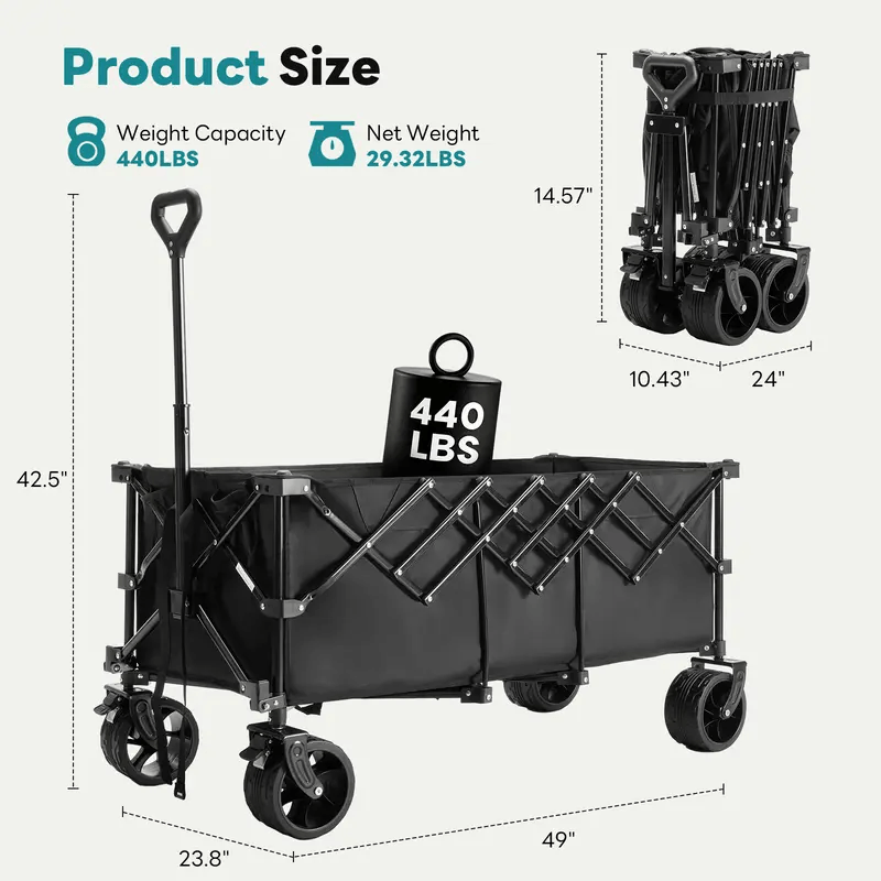 Warebay 440 lbs Heavy-Duty Collapsible Wagon Cart for Camping