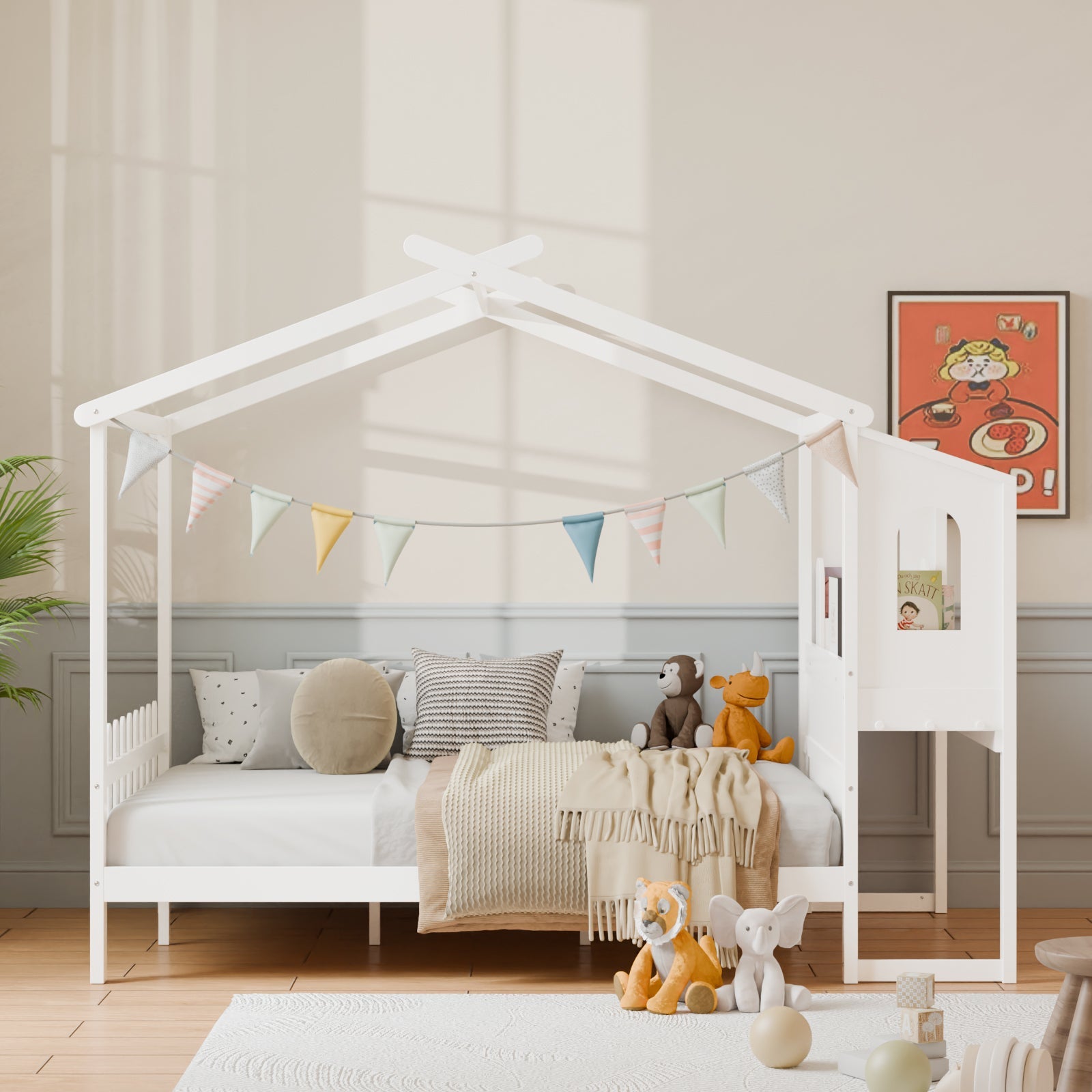 White Wooden House Bed Frame with Desk