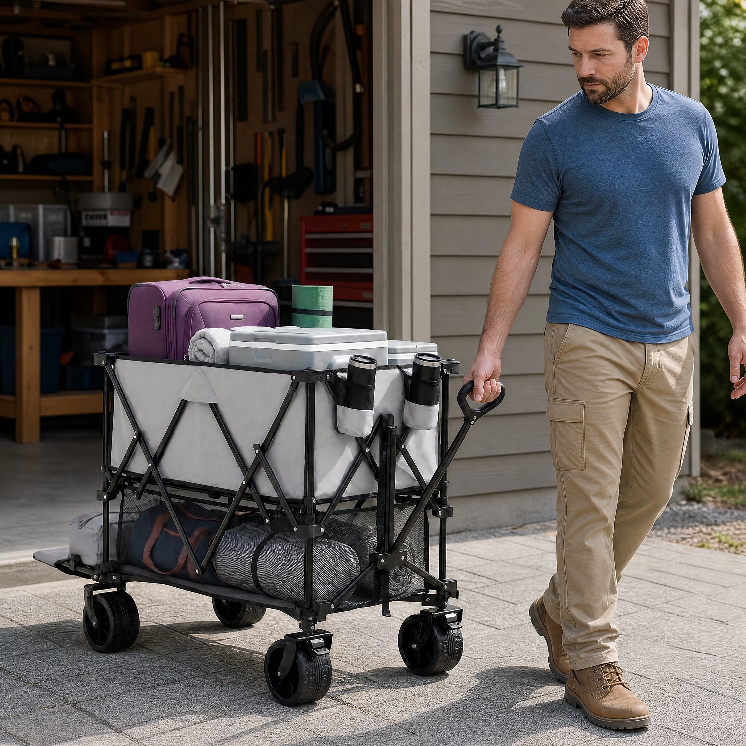 WareBay Double Decker Collapsible Wagon | 440lbs Heavy Duty 320L Utility Cart