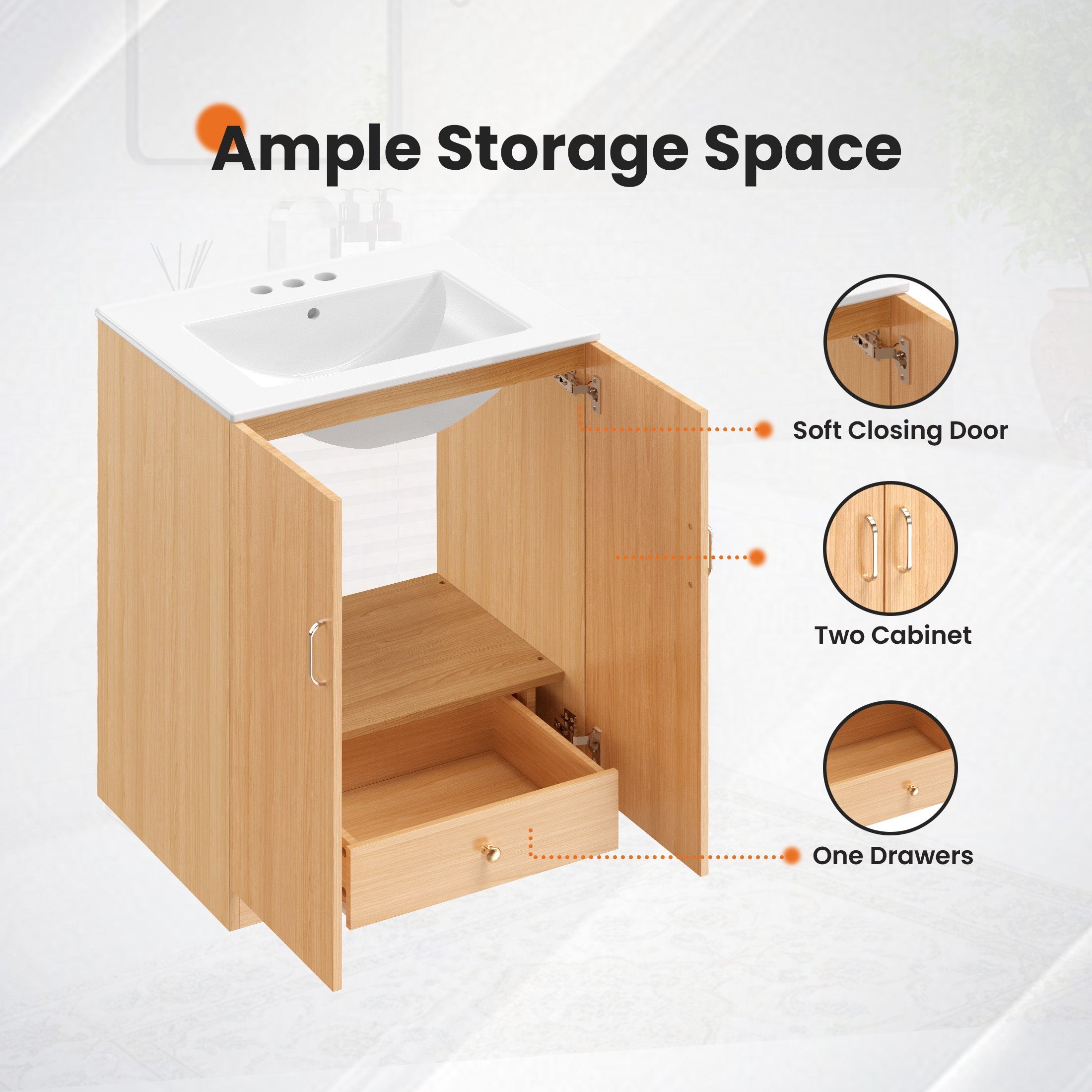 24-Inch Natural Wood Bathroom Vanity with Sink