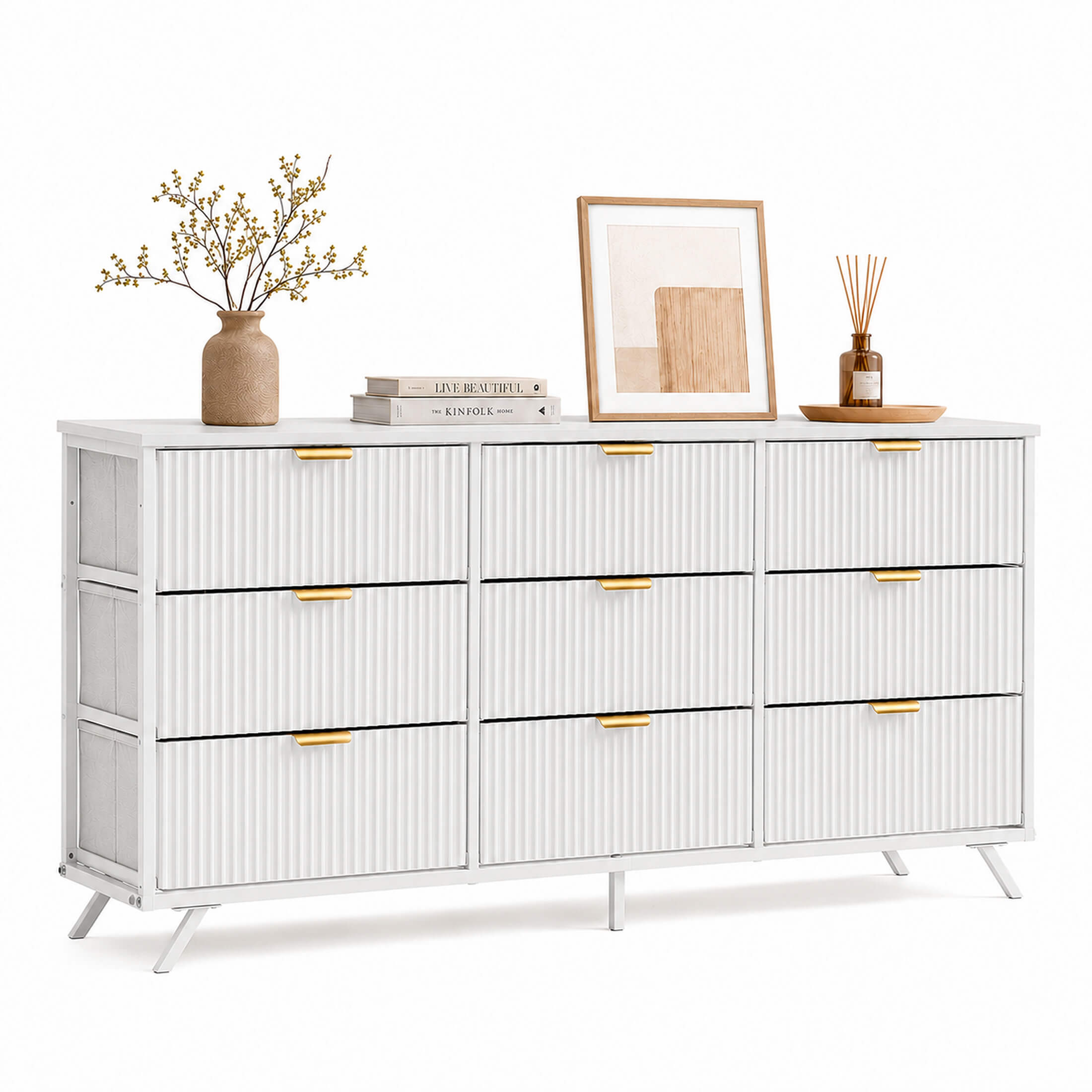 Warebay 9-Drawer Fluted Dresser for Bedroom, Wide Storage Chest of Drawers