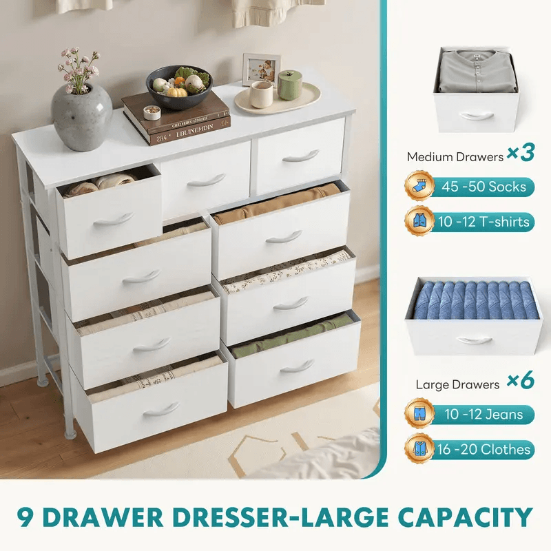 Warebay Fabric Storage Dresser with 9 Drawers, Space-Saving Organizer for Bedroom & Home