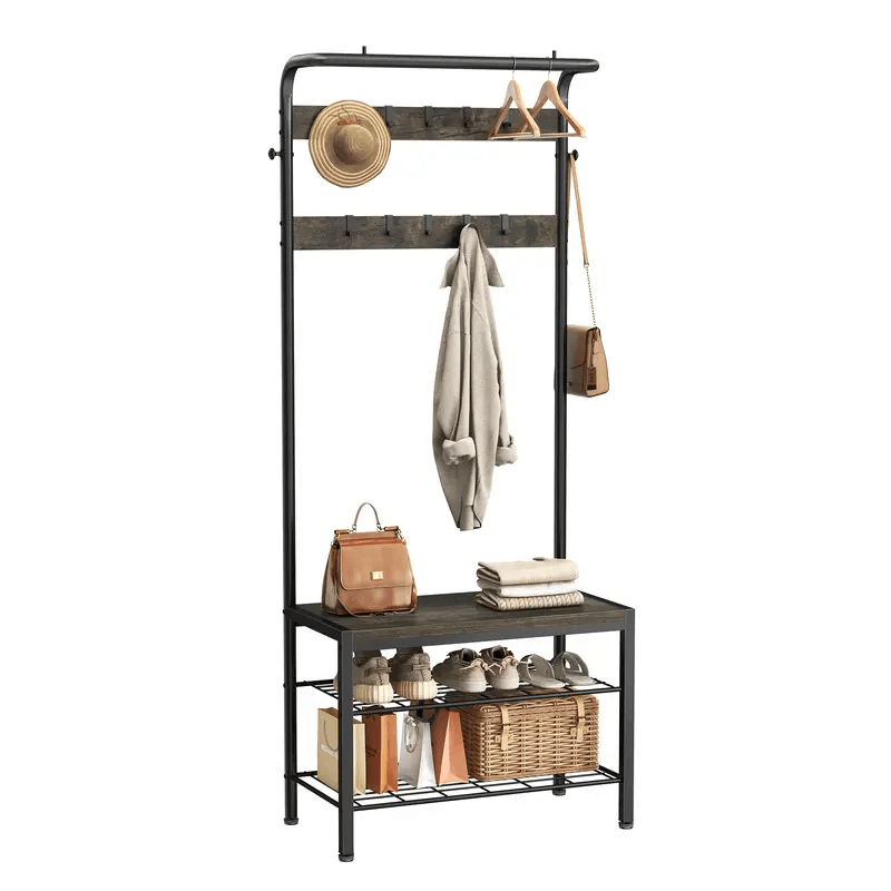WareBay Entryway Hall Tree | Coat Rack, Shoe Bench & Storage Shelves with Hooks