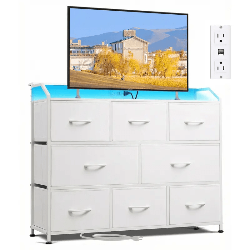 WareBay TV Stand with LED Lights & Power Outlets | 8-Drawer Fabric Storage Cabinet