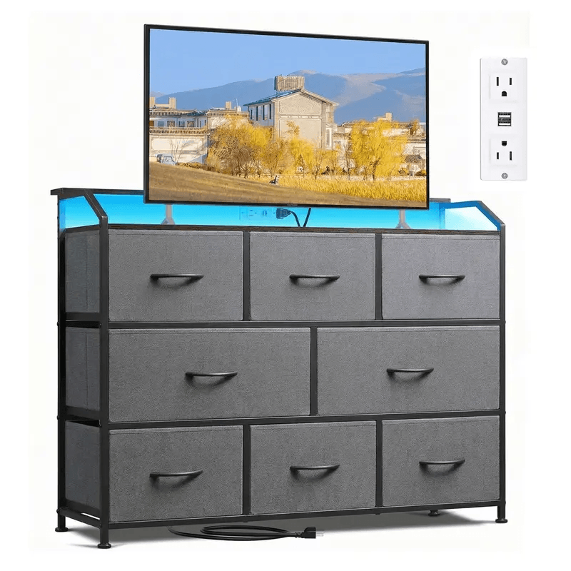 WareBay TV Stand with LED Lights & Power Outlets | 8-Drawer Fabric Storage Cabinet