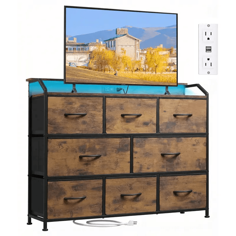 WareBay TV Stand with LED Lights & Power Outlets | 8-Drawer Fabric Storage Cabinet