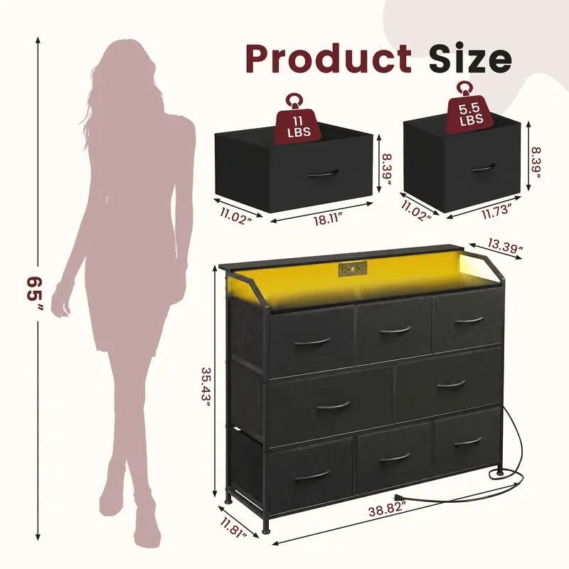 WareBay TV Stand with LED Lights & Power Outlets | 8-Drawer Fabric Storage Cabinet