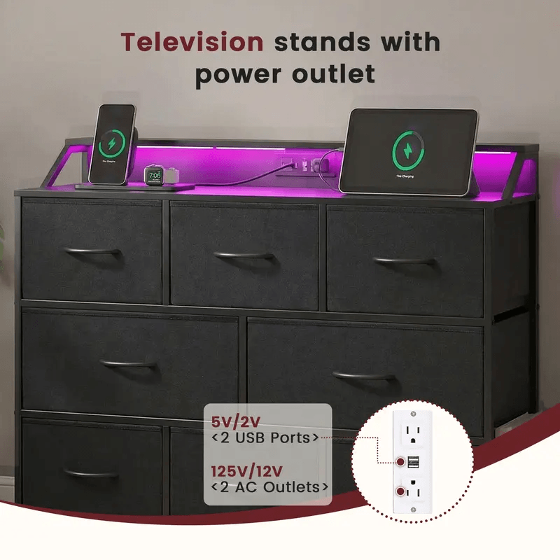 WareBay TV Stand with LED Lights & Power Outlets | 8-Drawer Fabric Storage Cabinet