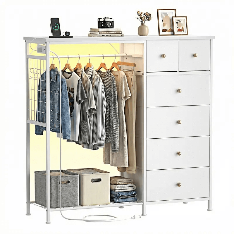 Warebay Fabric Storage Locker with Hanging Rack, LED Lights & Charging Station