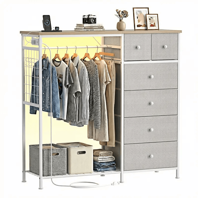 Warebay Fabric Storage Locker with Hanging Rack, LED Lights & Charging Station