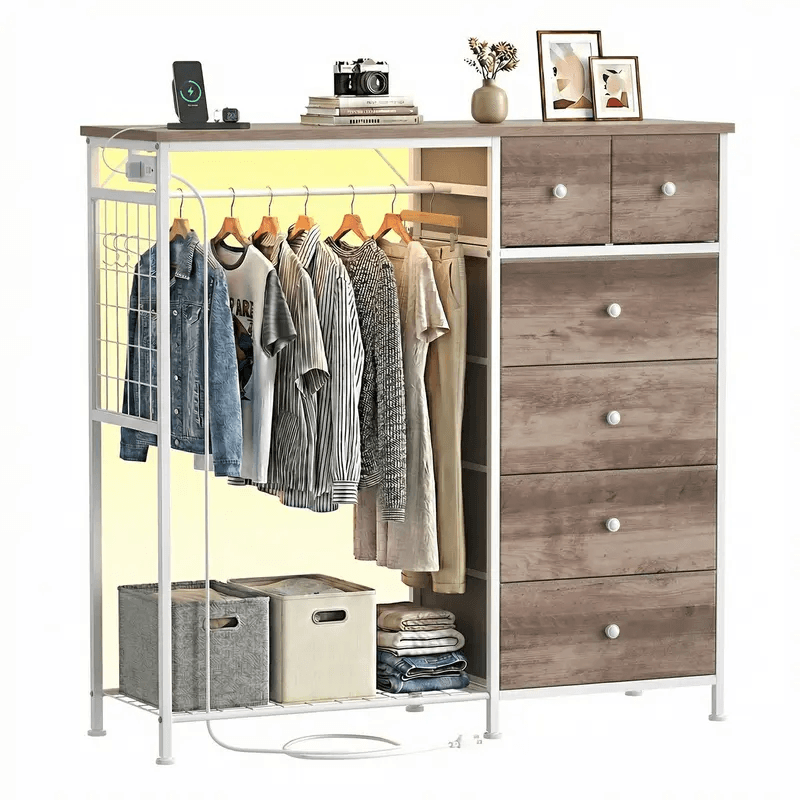 Warebay Fabric Storage Locker with Hanging Rack, LED Lights & Charging Station