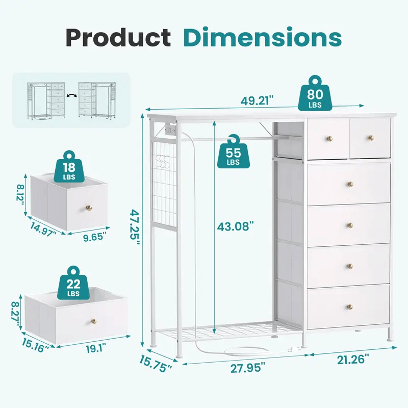Warebay Fabric Storage Locker with Hanging Rack, LED Lights & Charging Station