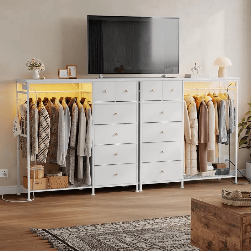 Warebay Fabric Storage Locker with Hanging Rack, LED Lights & Charging Station