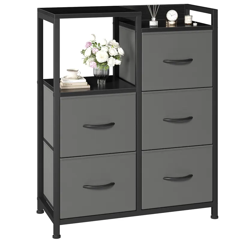 WareBay 5-Drawer Fabric Wardrobe with Double Shelf – Freestanding Bedroom Storage Cabinet