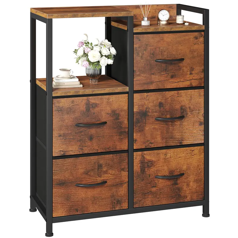 WareBay 5-Drawer Fabric Wardrobe with Double Shelf – Freestanding Bedroom Storage Cabinet