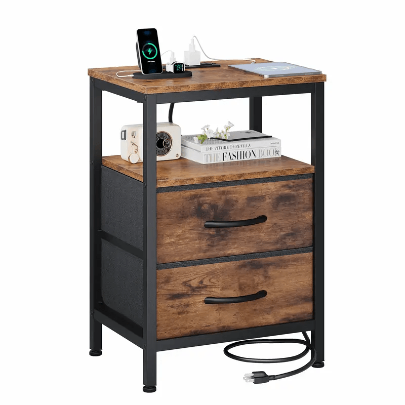 WareBay Nightstand with Charging Station & 2 Fabric Drawers – Small Bedside Table