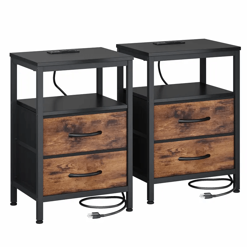 WareBay Nightstand with Charging Station & 2 Fabric Drawers – Small Bedside Table