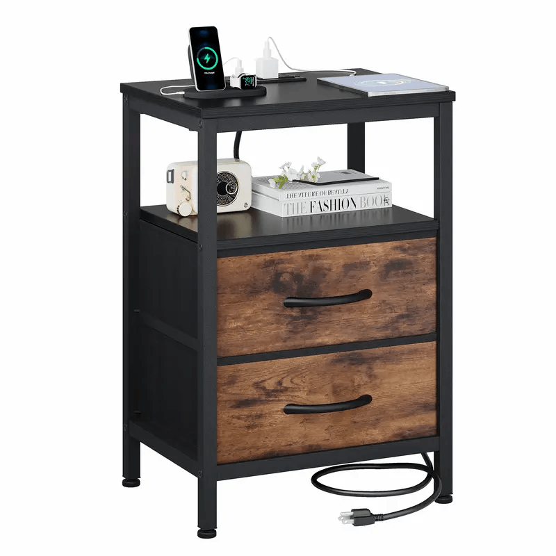 WareBay Nightstand with Charging Station & 2 Fabric Drawers – Small Bedside Table