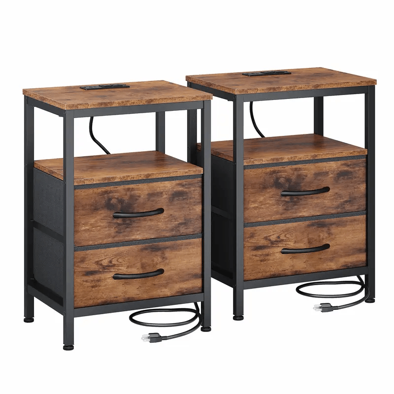 WareBay Nightstand with Charging Station & 2 Fabric Drawers – Small Bedside Table