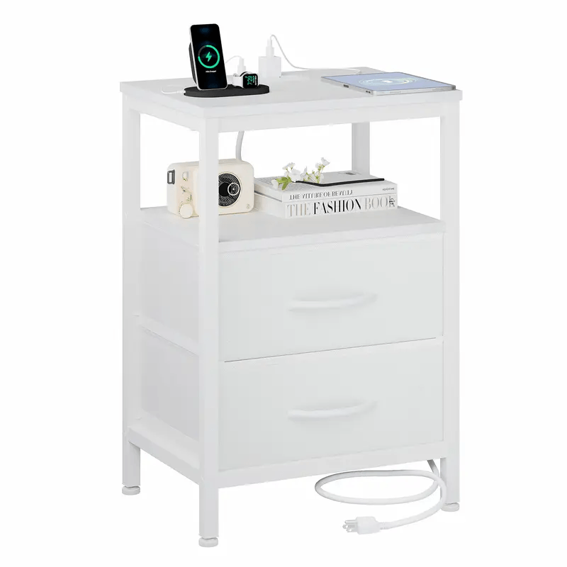 WareBay Nightstand with Charging Station & 2 Fabric Drawers – Small Bedside Table