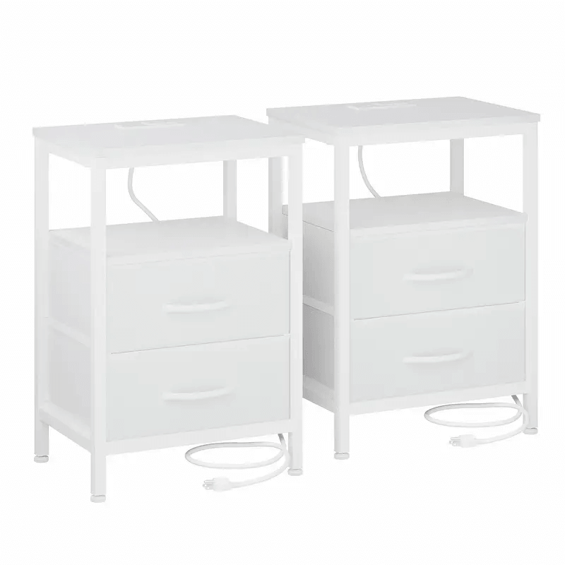 WareBay Nightstand with Charging Station & 2 Fabric Drawers – Small Bedside Table