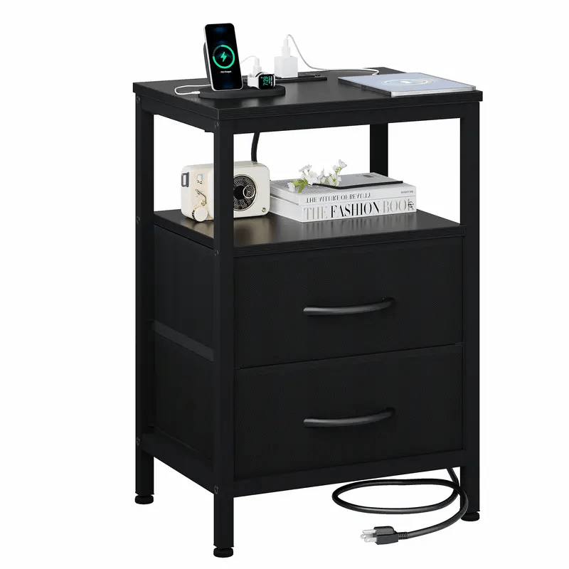WareBay Nightstand with Charging Station & 2 Fabric Drawers – Small Bedside Table