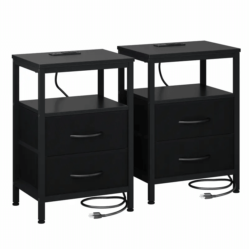 WareBay Nightstand with Charging Station & 2 Fabric Drawers – Small Bedside Table