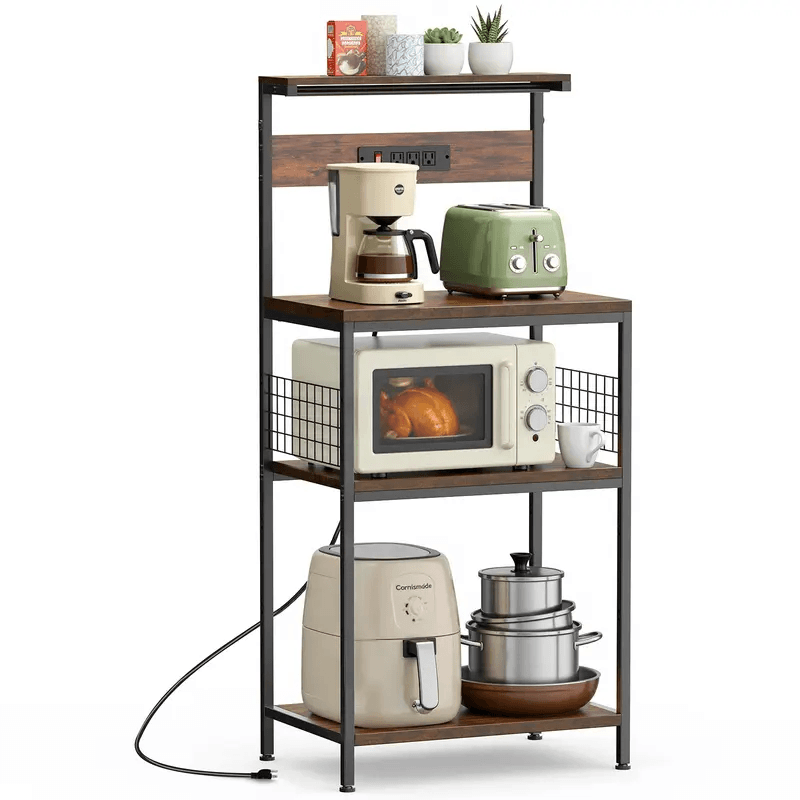 Kitchen Baker's Rack with Power Outlet, Adjustable Shelves, Microwave Stand with 3 AC Outlets