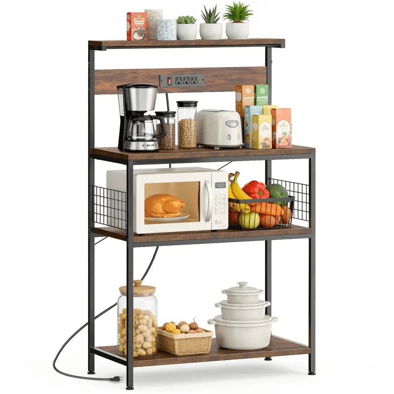 Kitchen Baker's Rack with Power Outlet, Adjustable Shelves, Microwave Stand with 3 AC Outlets