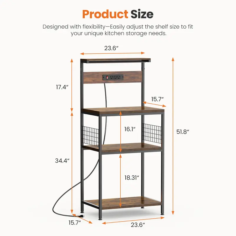 Kitchen Baker's Rack with Power Outlet, Adjustable Shelves, Microwave Stand with 3 AC Outlets