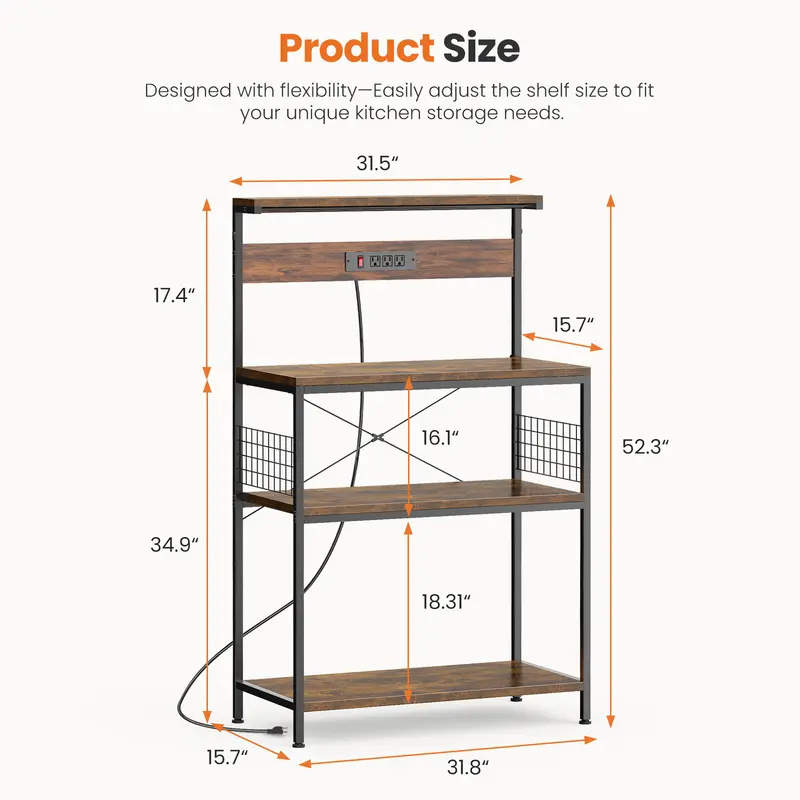 Kitchen Baker's Rack with Power Outlet, Adjustable Shelves, Microwave Stand with 3 AC Outlets