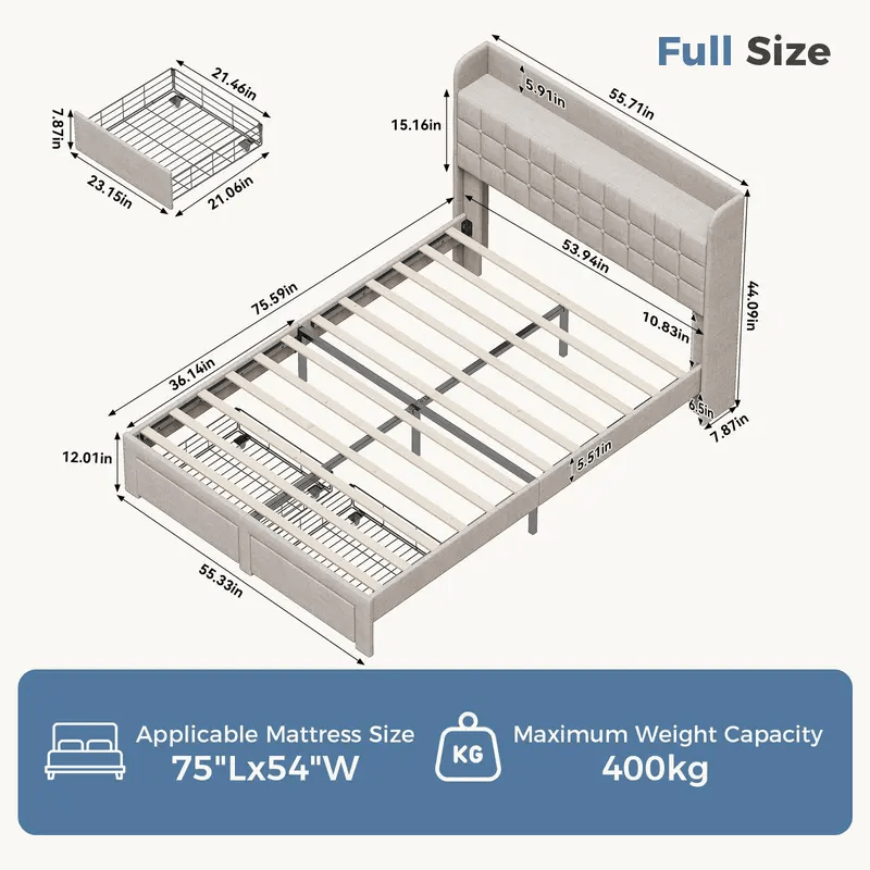 Upholstered Platform Bed Frame with Storage Drawers & Headboard, Full/Queen/King