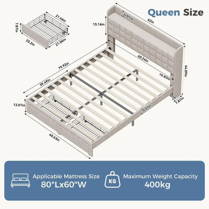 Upholstered Platform Bed Frame with Storage Drawers & Headboard, Full/Queen/King