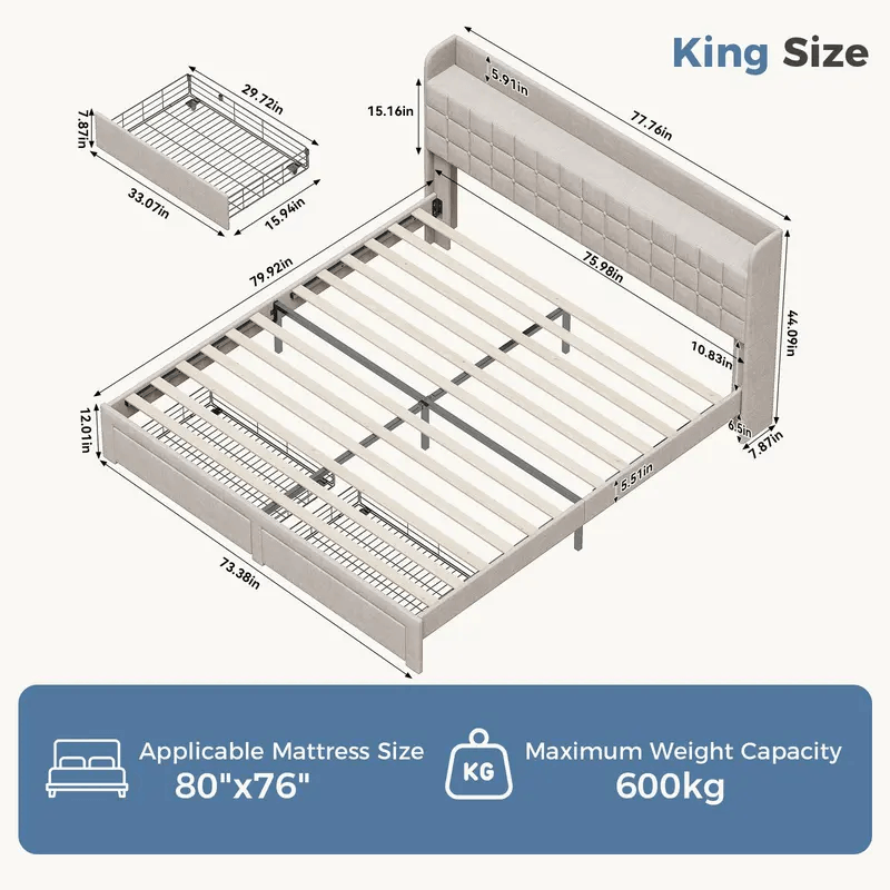 Upholstered Platform Bed Frame with Storage Drawers & Headboard, Full/Queen/King