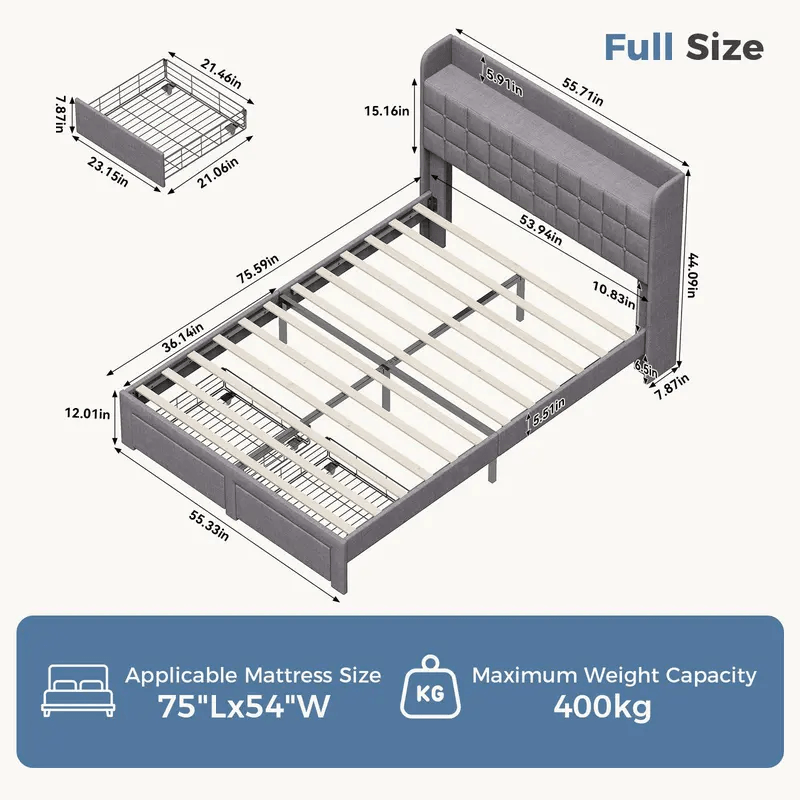 Upholstered Platform Bed Frame with Storage Drawers & Headboard, Full/Queen/King