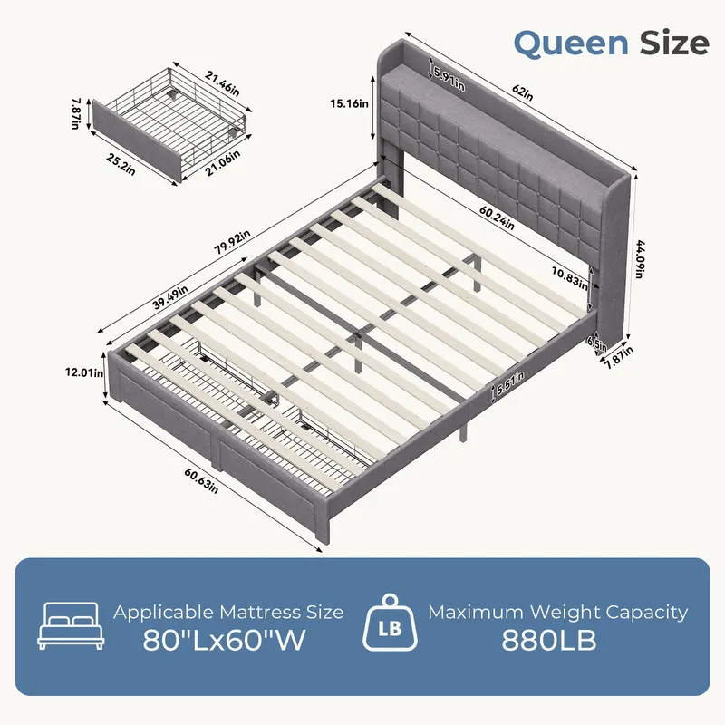 Upholstered Platform Bed Frame with Storage Drawers & Headboard, Full/Queen/King
