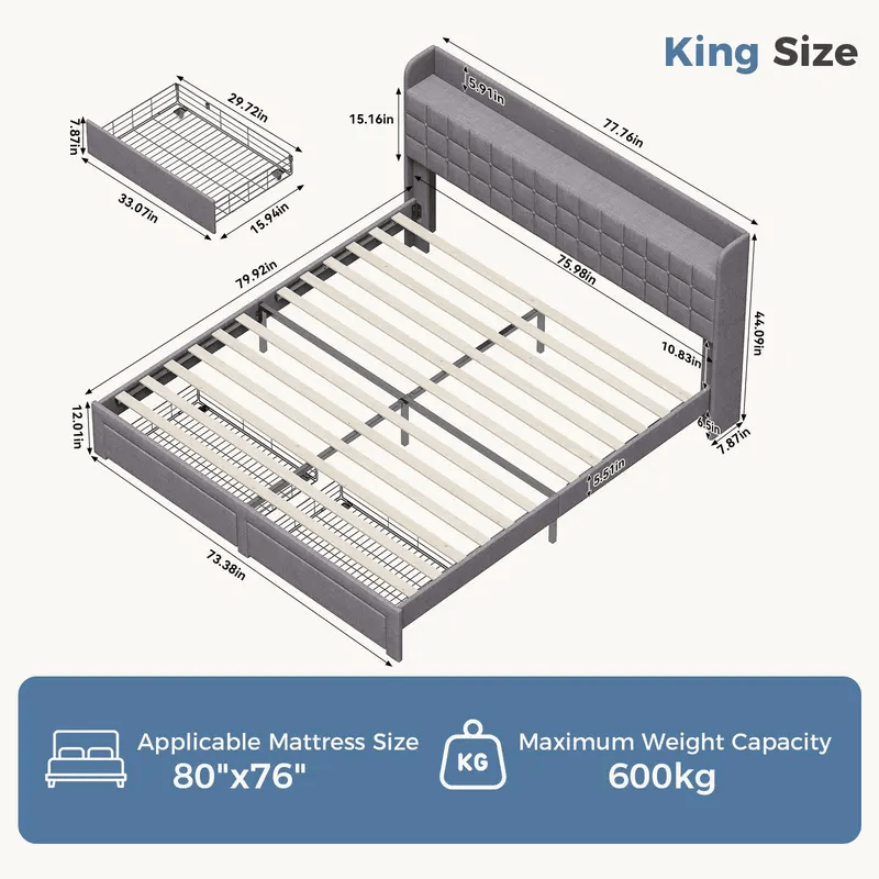 Upholstered Platform Bed Frame with Storage Drawers & Headboard, Full/Queen/King