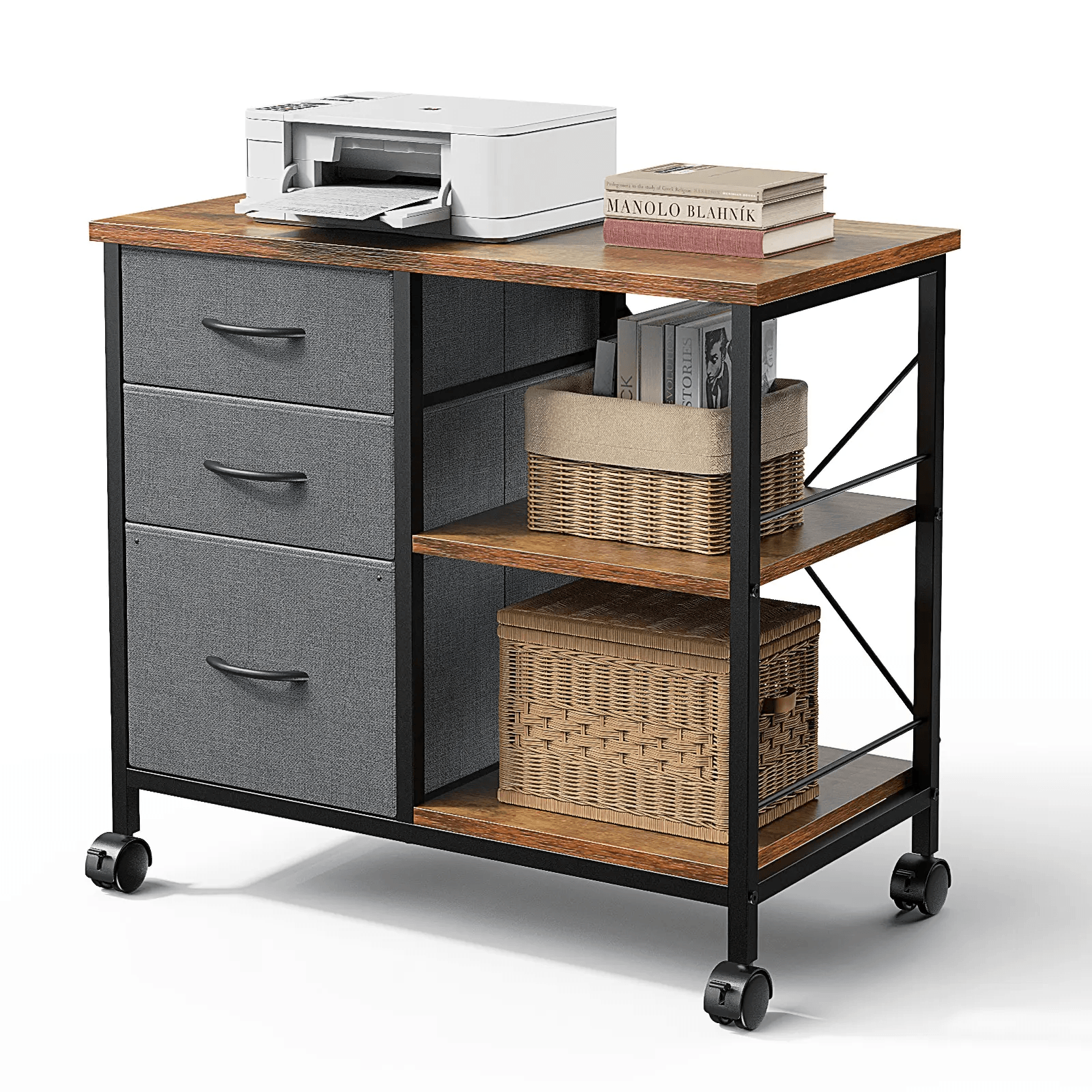 3-layer mobile filing cabinet, printer stand with storage, office storage cabinet with drawers and back support strips