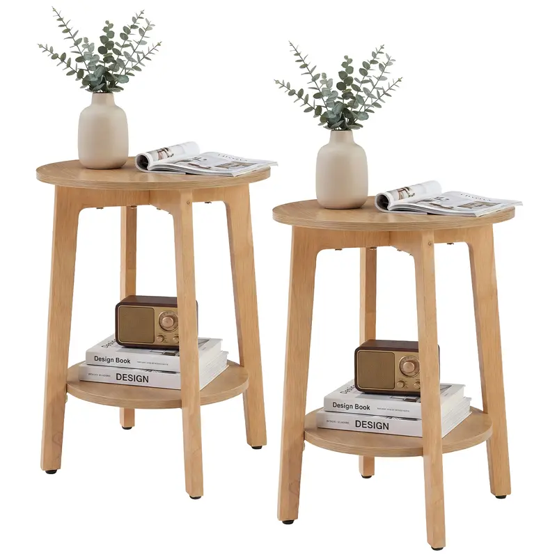 Round Wooden Bedside Table with Double-Layer Storage Shelves & Non-Slip Pads – 220 lbs Capacity