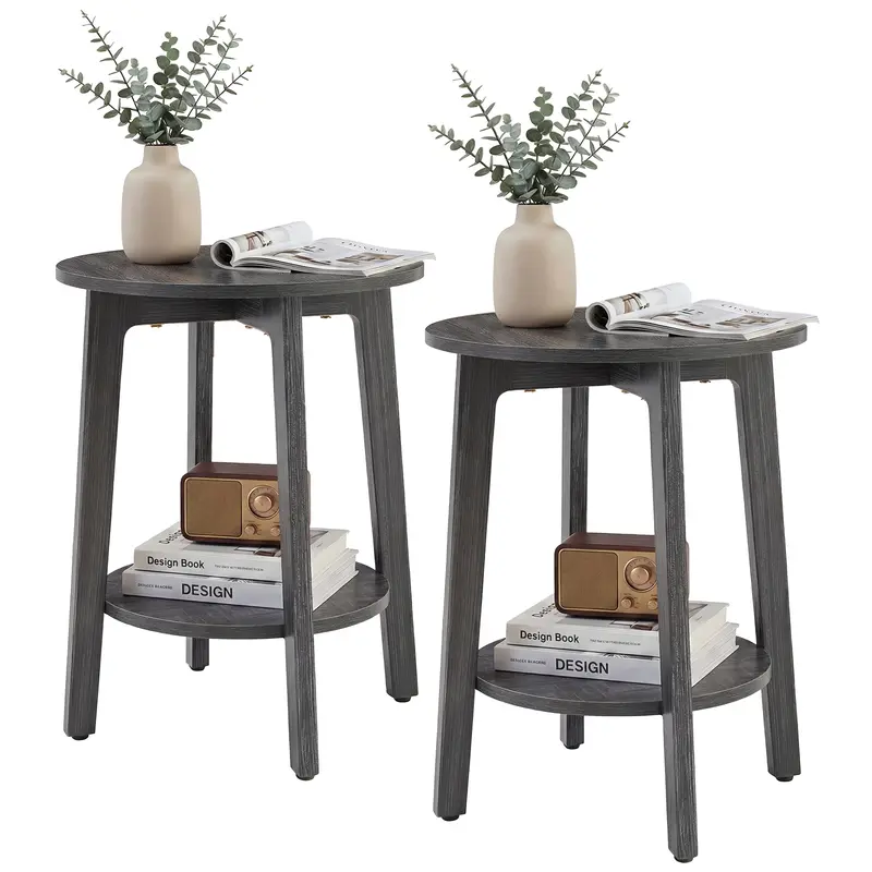 Round Wooden Bedside Table with Double-Layer Storage Shelves & Non-Slip Pads – 220 lbs Capacity