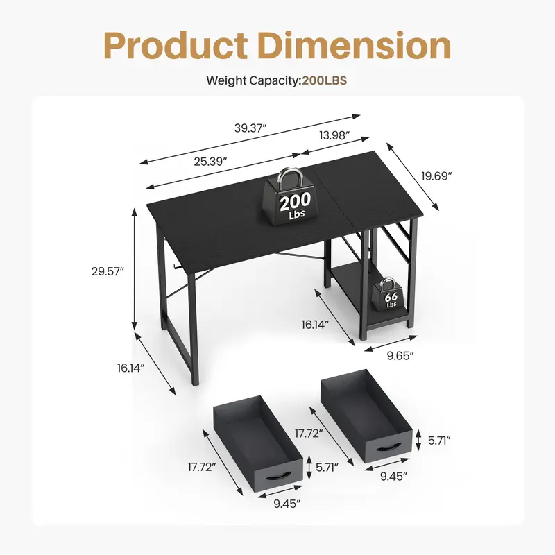 Computer Desk with Fabric Drawers & Side Hook – 47" Wooden Study & Home Office Desk