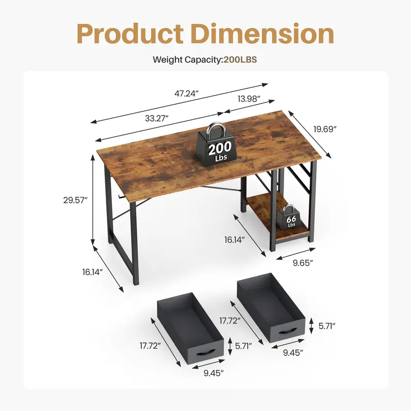 Computer Desk with Fabric Drawers & Side Hook – 47" Wooden Study & Home Office Desk
