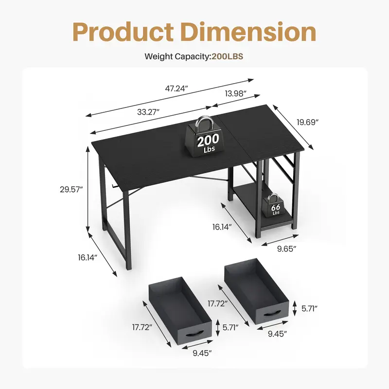 Computer Desk with Fabric Drawers & Side Hook – 47" Wooden Study & Home Office Desk