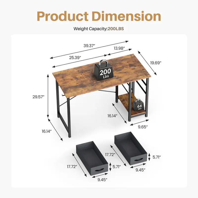 Computer Desk with Fabric Drawers & Side Hook – 47" Wooden Study & Home Office Desk