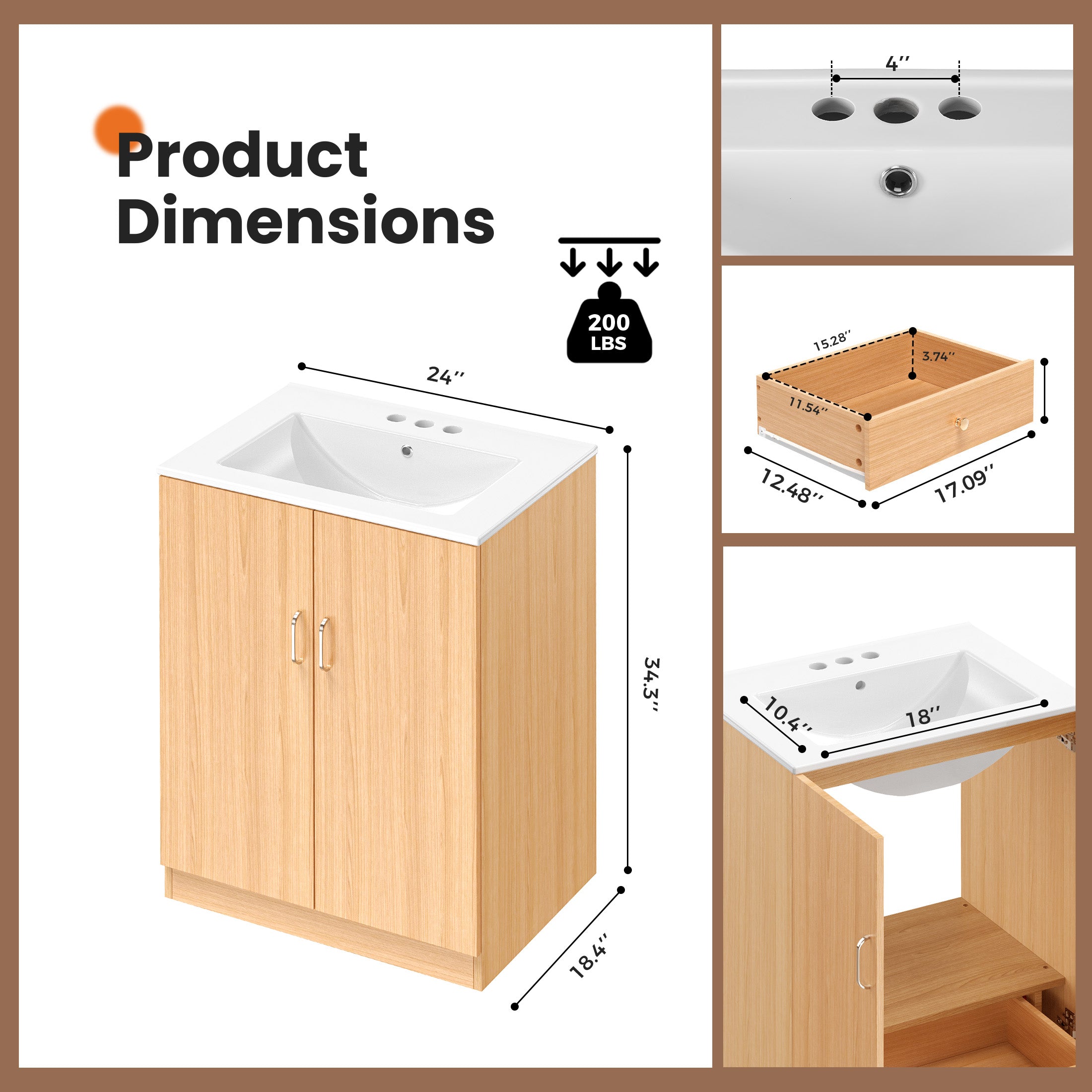 24-Inch Natural Wood Bathroom Vanity with Sink