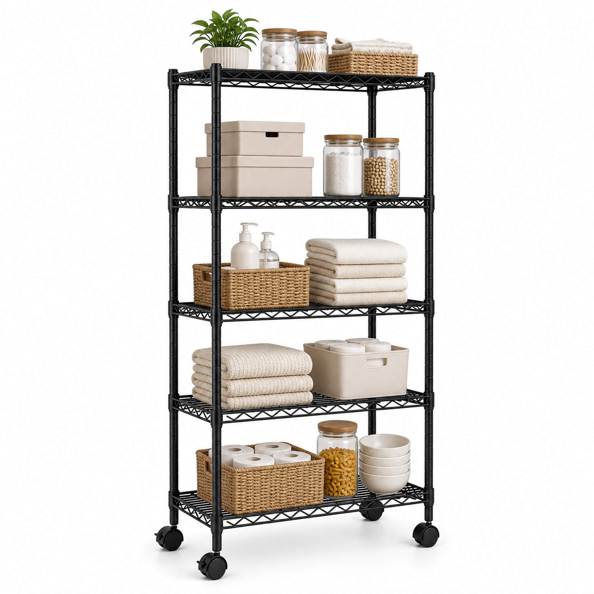 Heavy Duty Rolling Wire Shelving Unit, 3/4/5-Tier Metal Storage Shelf with Wheels