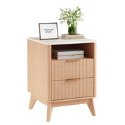 Fluted Nightstand with Charging Station, 2 AC Outlets & USB Ports, Mid-Century Bedside Table with 2 Drawers