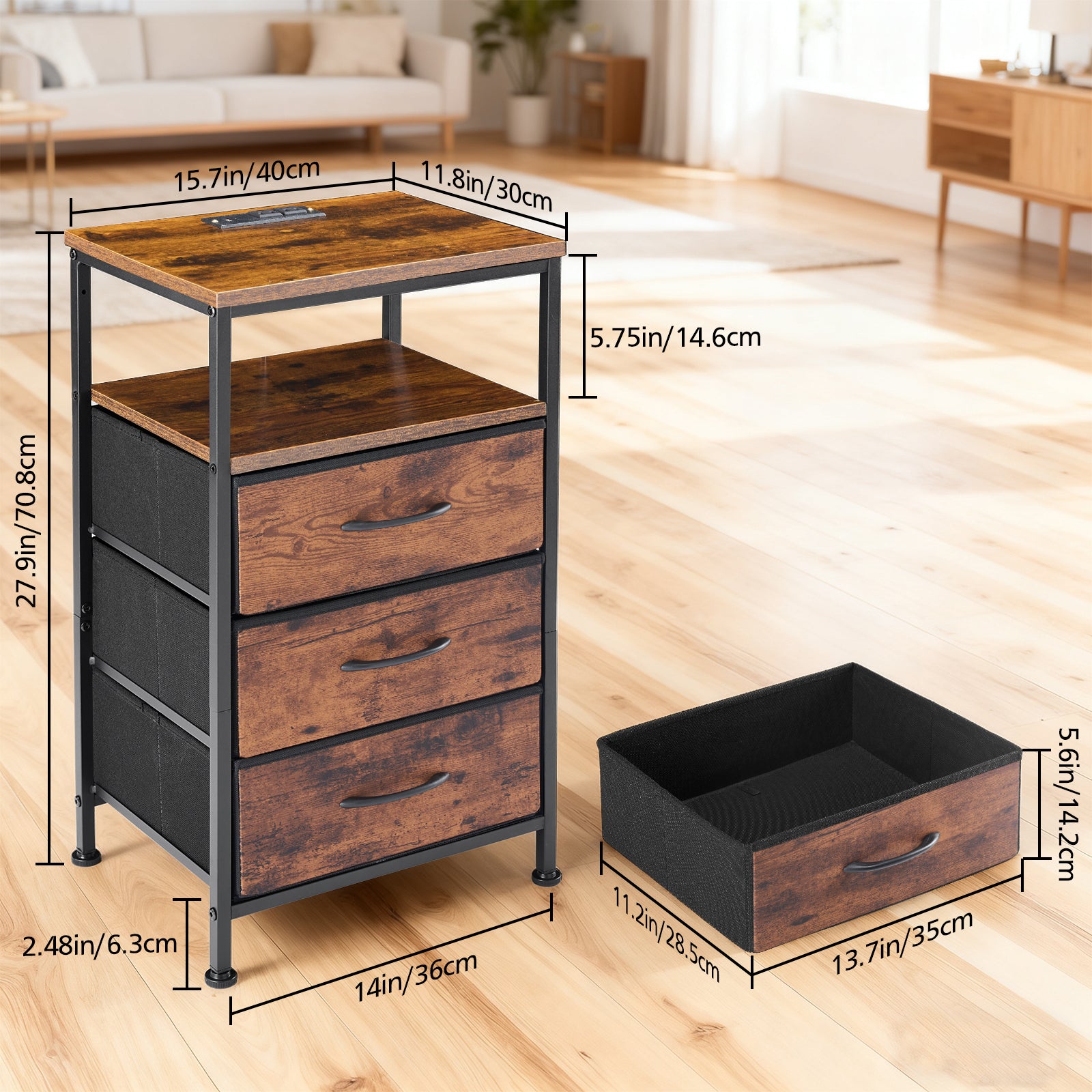 Nightstand with Charging Station – Bedside Table with 3/4/5 Fabric Drawers, LED Strip & USB/Type-C Ports