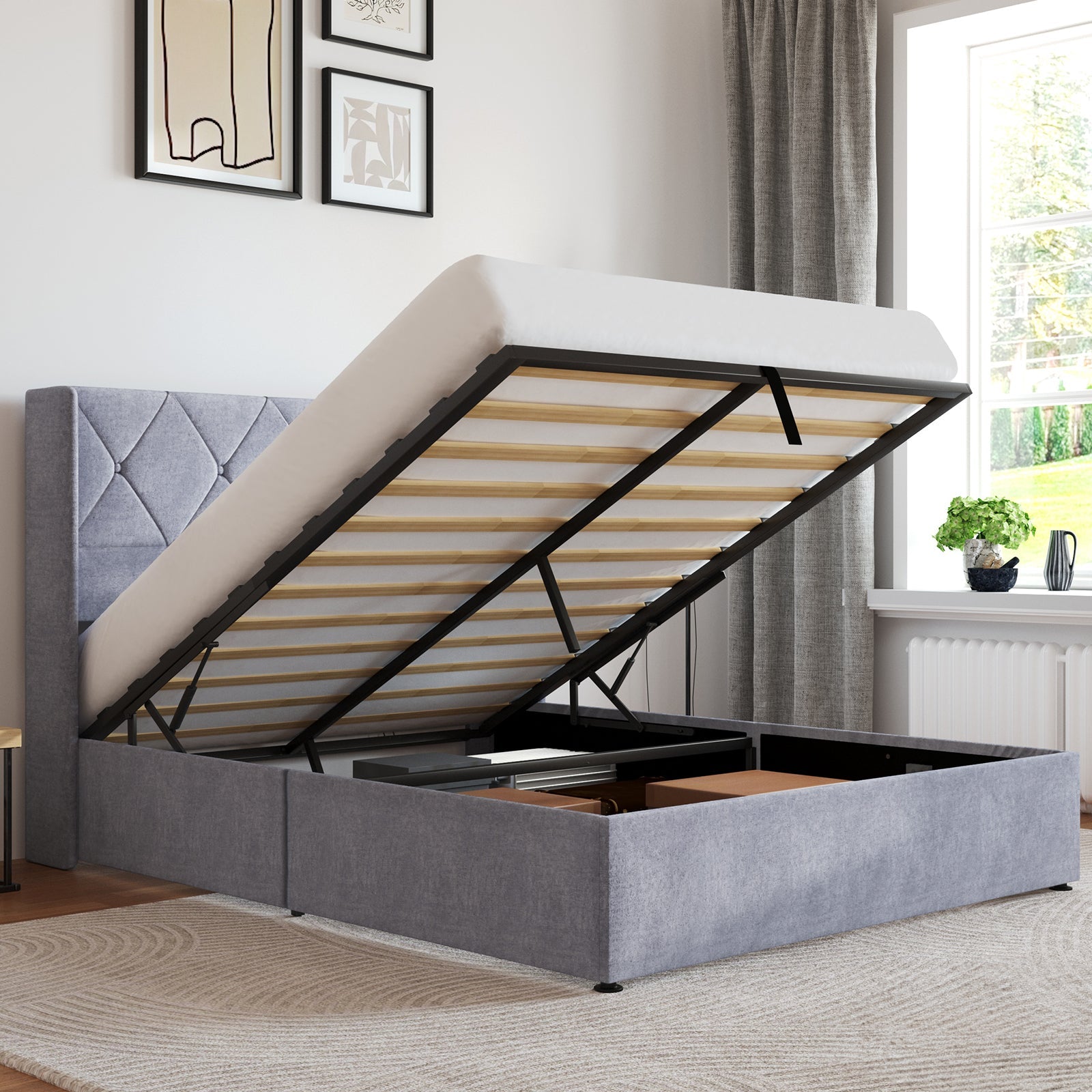 Velvet Gas-Lift Storage Bed Frame